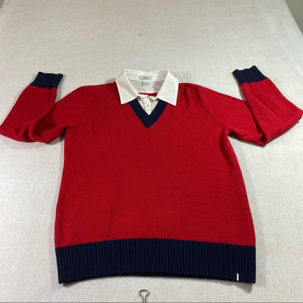 IZOD Sweater Layered Look Woman’s Red Blue Small Sweater Long Sleeve Swe…